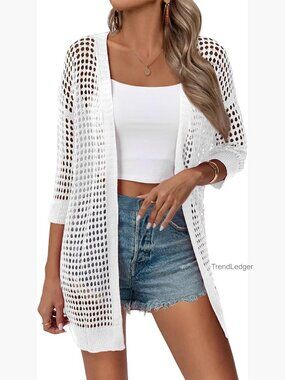 Crochet Lightweight Cardigan Short Sleeve Boho Kimono Oversized Open Front